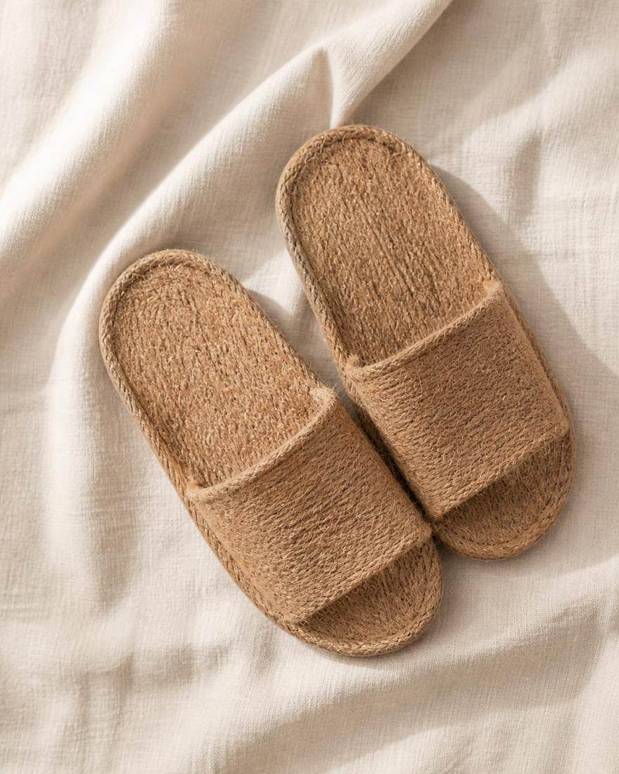 Pair of coconut-coir hotel slippers on cream linen