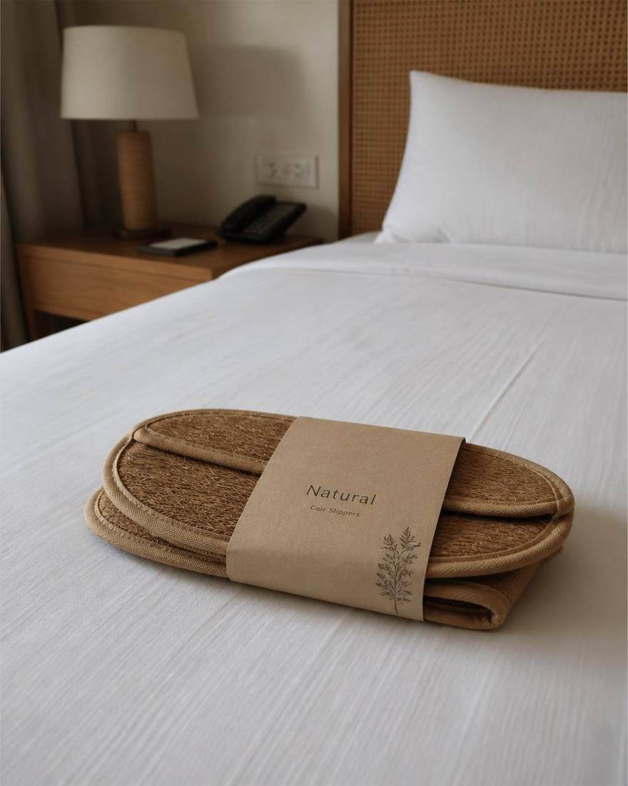 Coir slippers wrapped in paper on a hotel bed