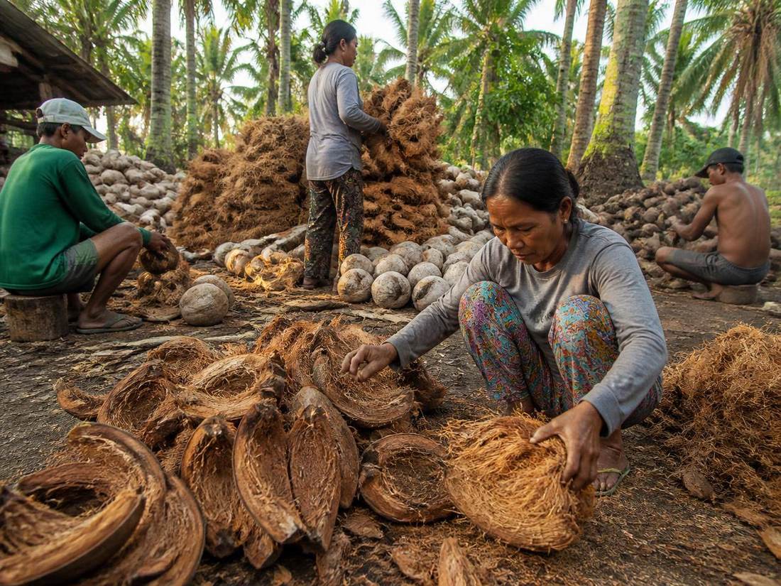 Hands sorting coconut fibre