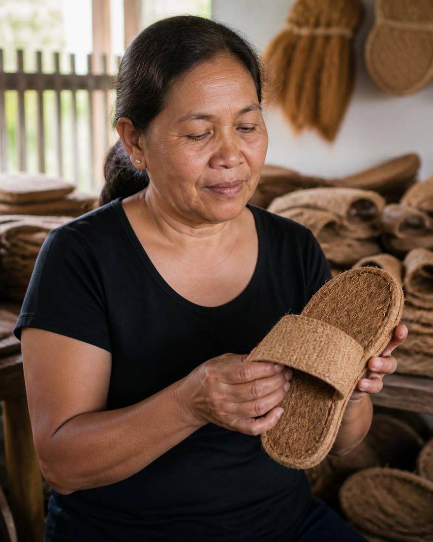 Assembler inspecting a coconut-fibre slipper at a workshop table