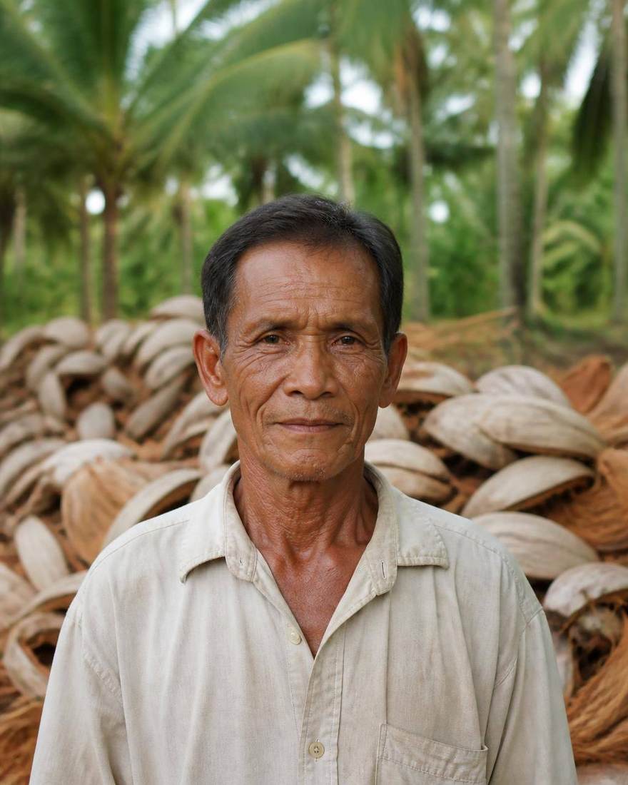 Coconut farmer standing beside stacked drying husks